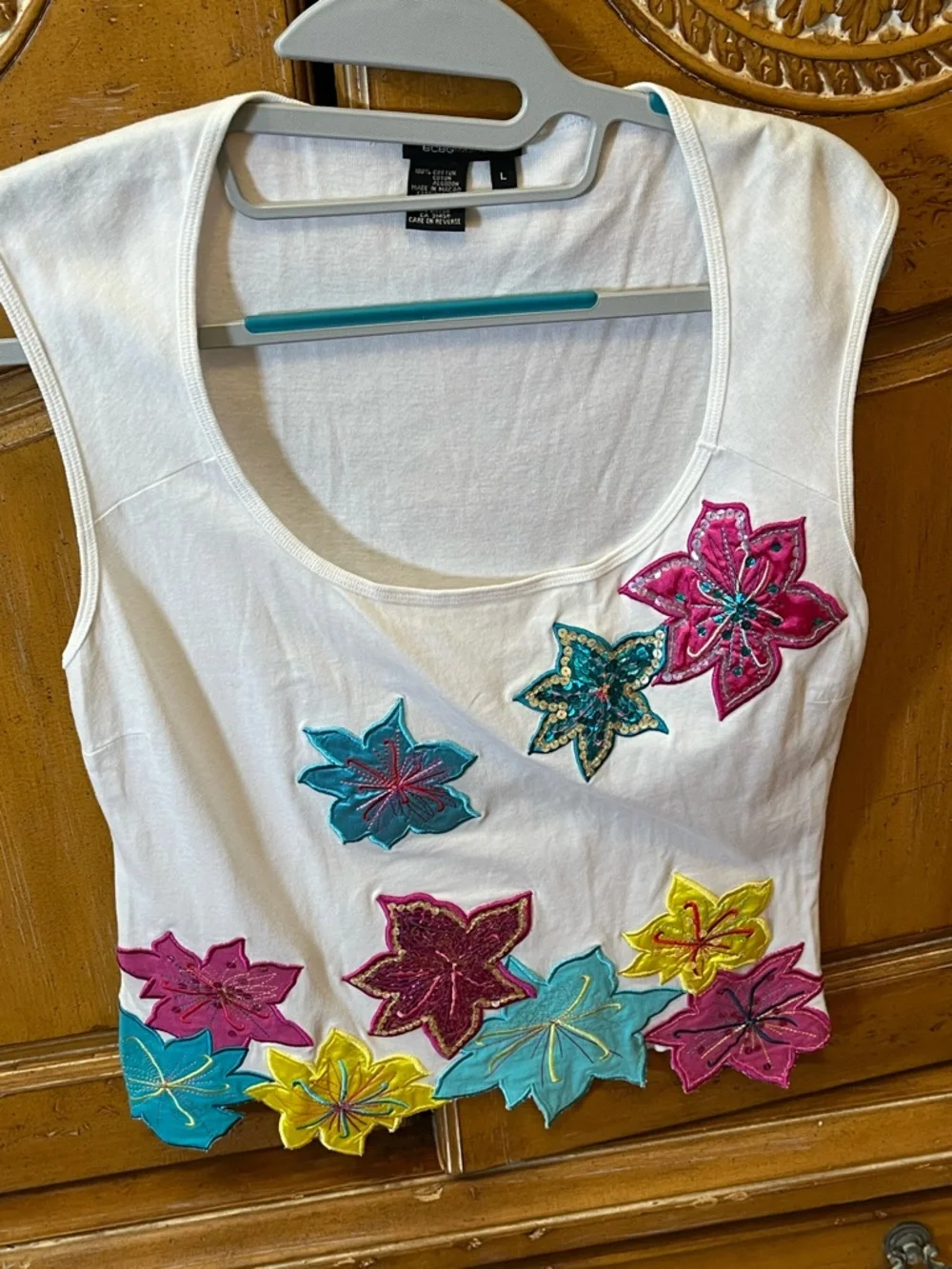 BCBGMaxAzria White Tank with Multicolor Floral Appliqués - Picture 2 of 3